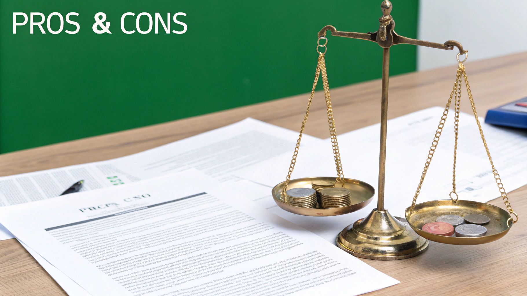 A brass scale balances coins on a desk, illustrating financial decisions and weighing pros and cons.