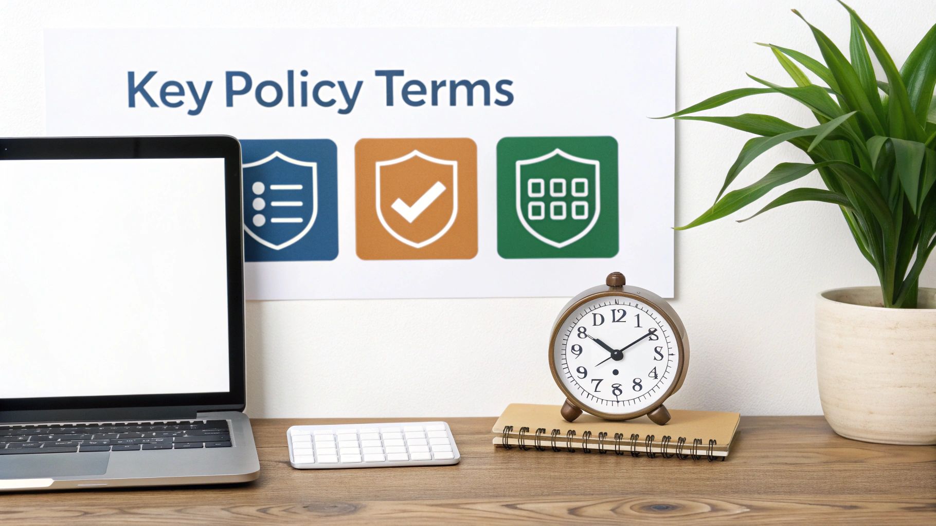 A desk with a laptop, an alarm clock, a plant, and a sign displaying "Key Policy Terms" with shield icons.