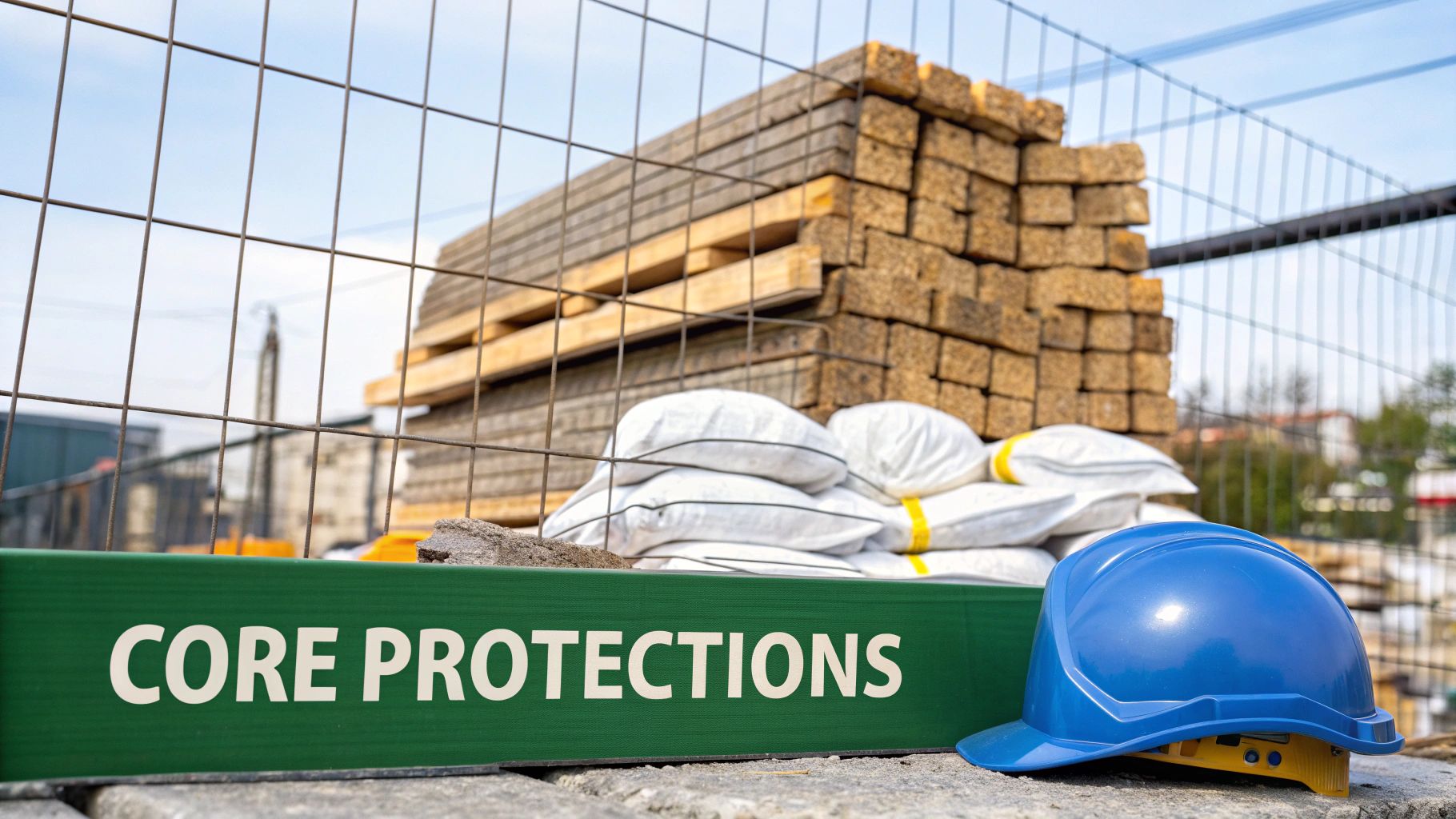 A construction worker in a hard hat and safety vest reviewing blueprints on a construction site.