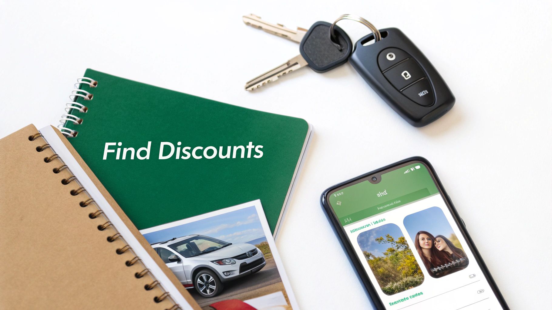 Flat lay with a green notebook showing 'Find Discounts', car keys, a smartphone, and a car photo.