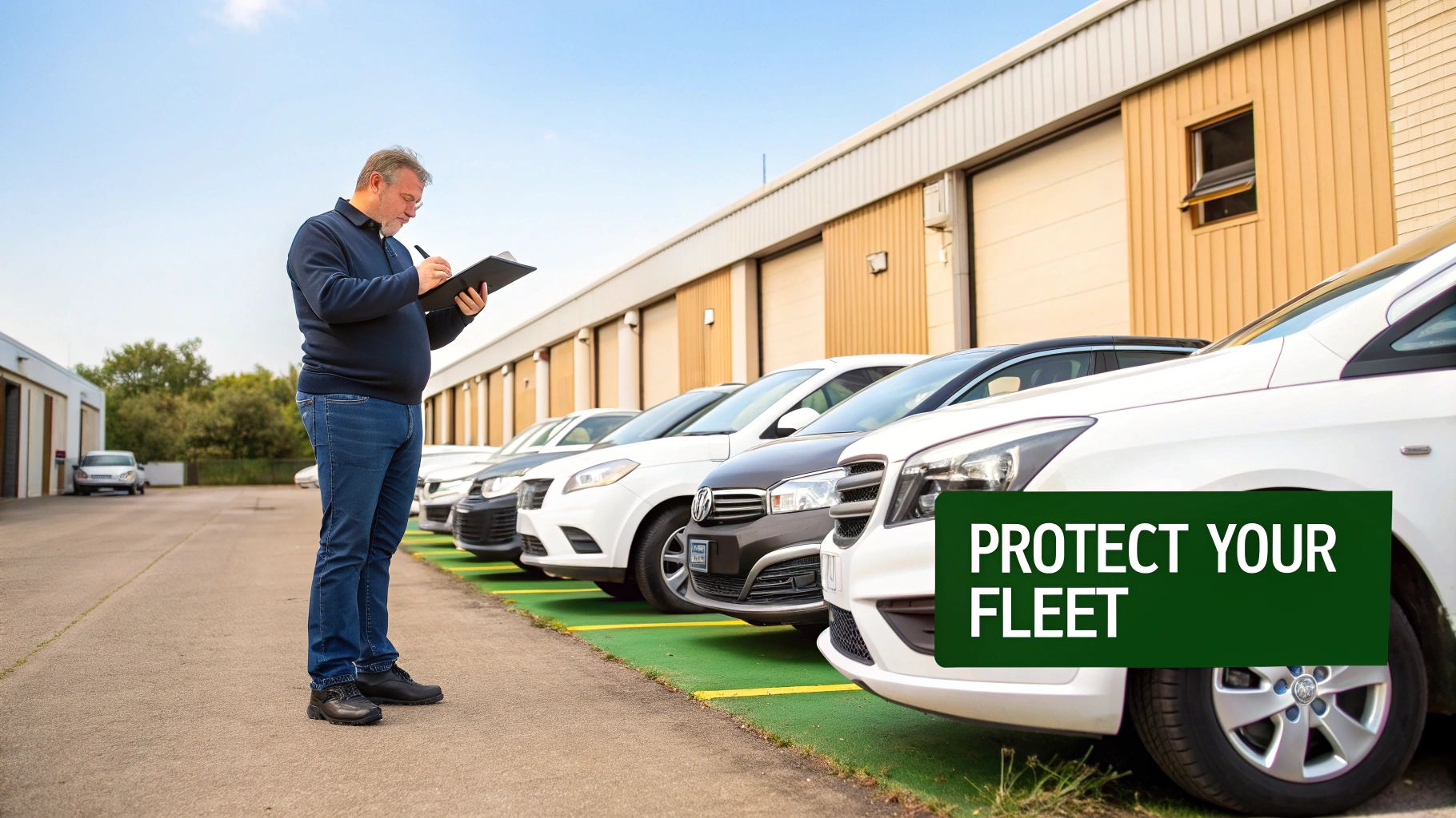 Fleet manager inspecting white commercial vehicles parked outside storage facility for business insurance
