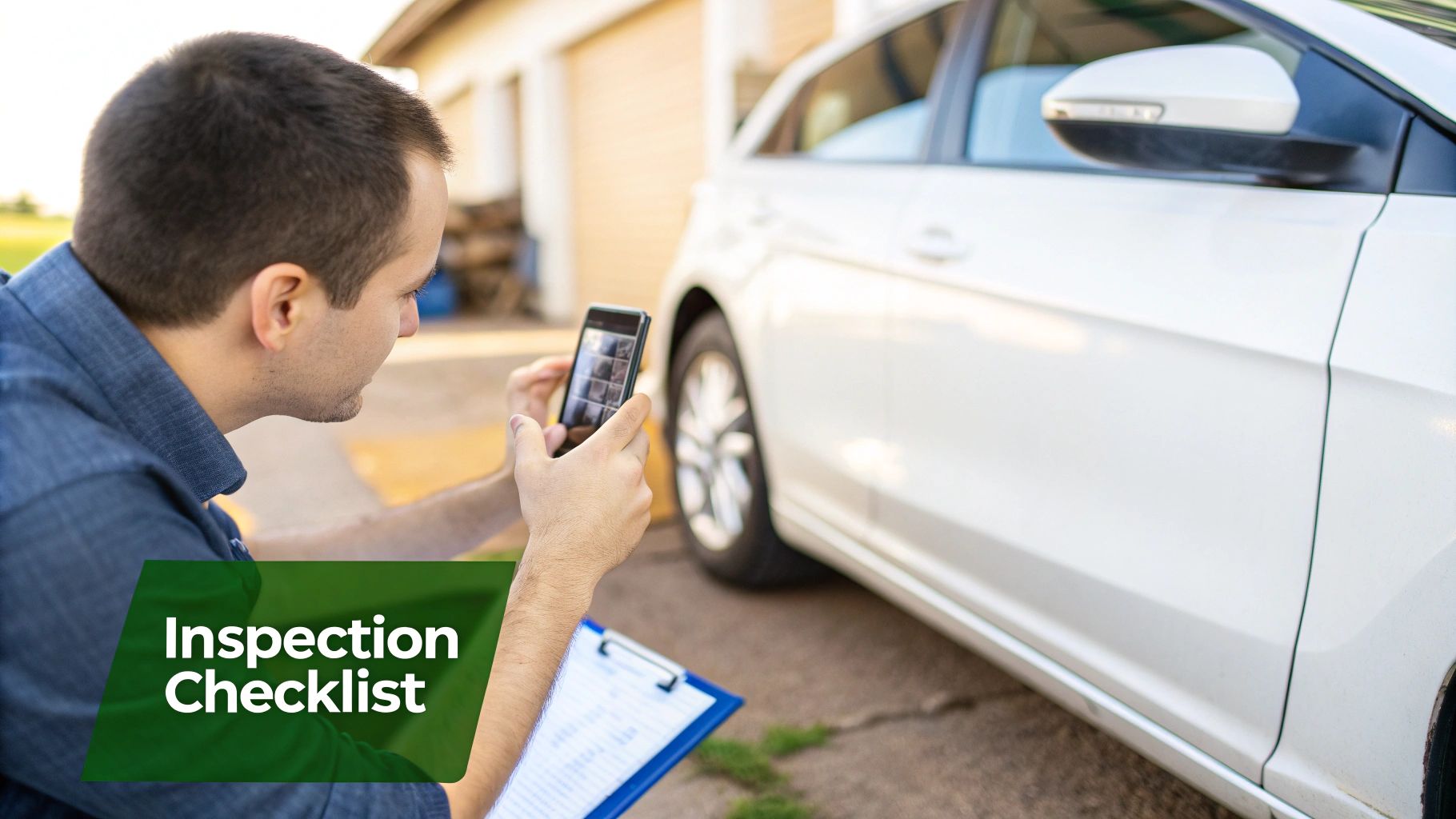 Man inspecting a white car, taking photos with his smartphone and holding an inspection checklist.