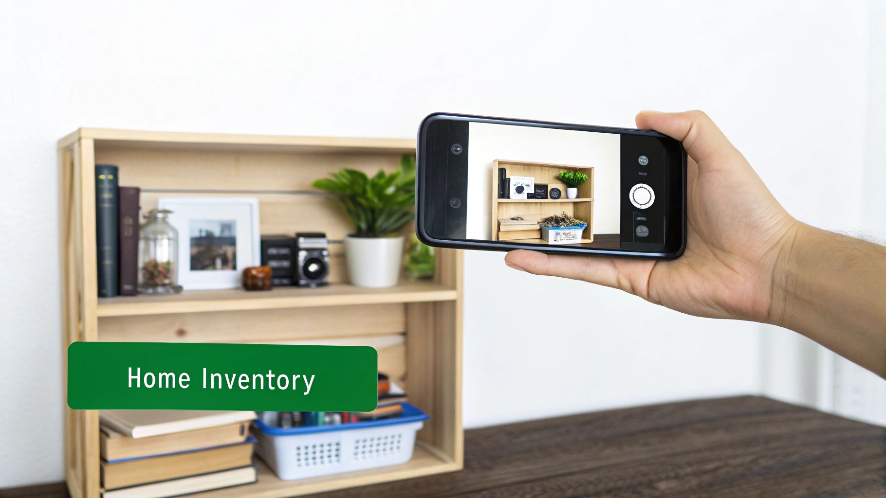 A person uses a smartphone to photograph a wooden shelf with household items for home inventory.