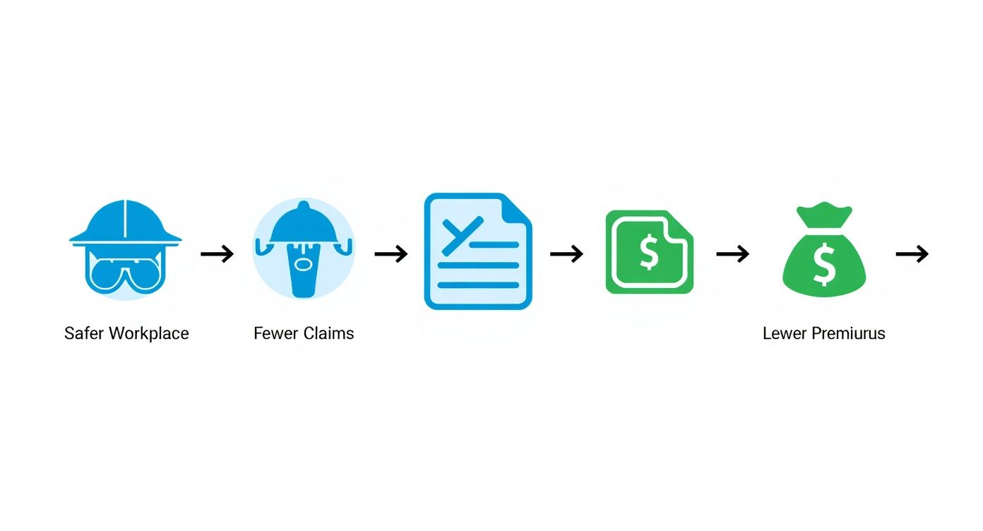 Infographic showing how a safer workplace leads to fewer claims, which results in lower insurance premiums.