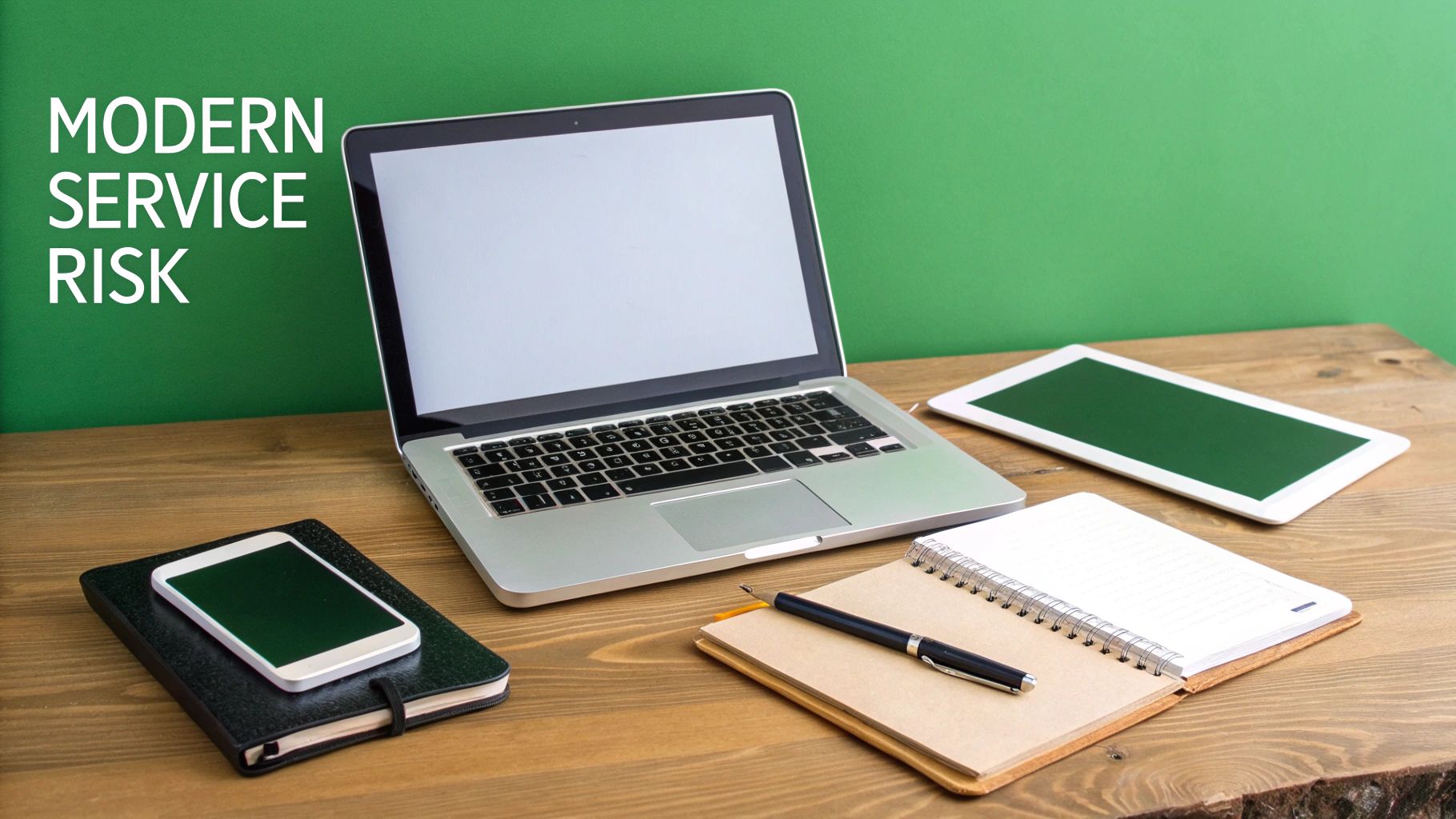 Modern workspace with laptop, tablet, smartphone, notebooks on a desk, with 'MODERN SERVICE RISK' text.