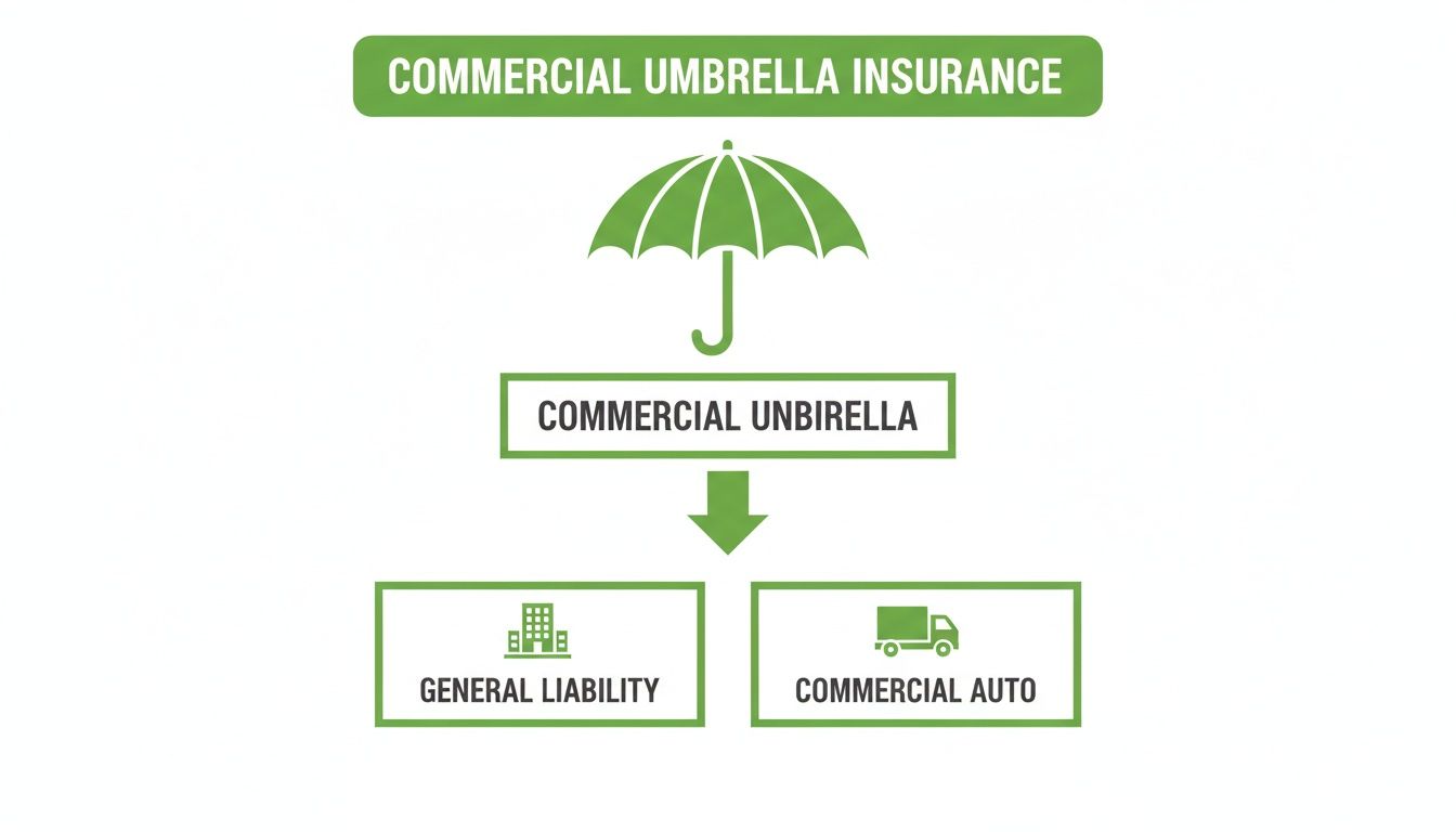 A diagram showing commercial umbrella insurance providing additional coverage over general liability and commercial auto.