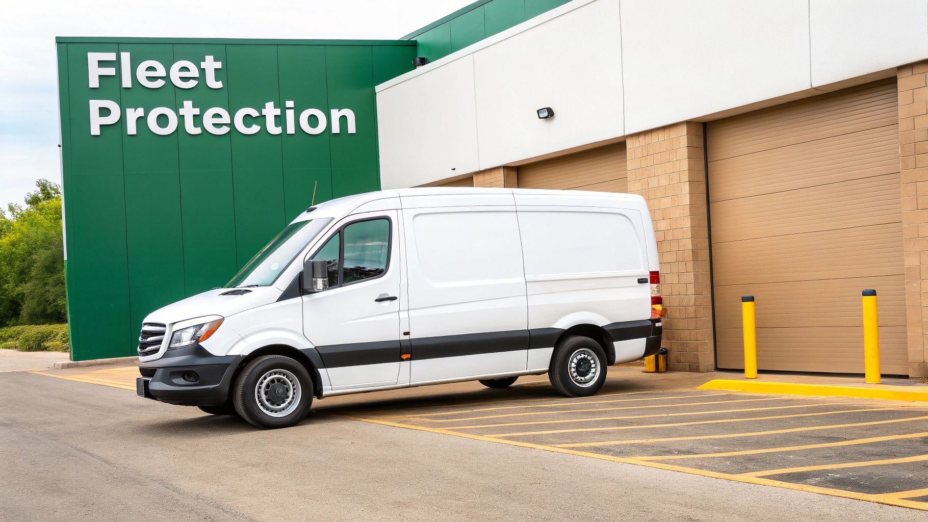 A white commercial van parked outside a building with a 'Fleet Protection' sign and beige garage doors.