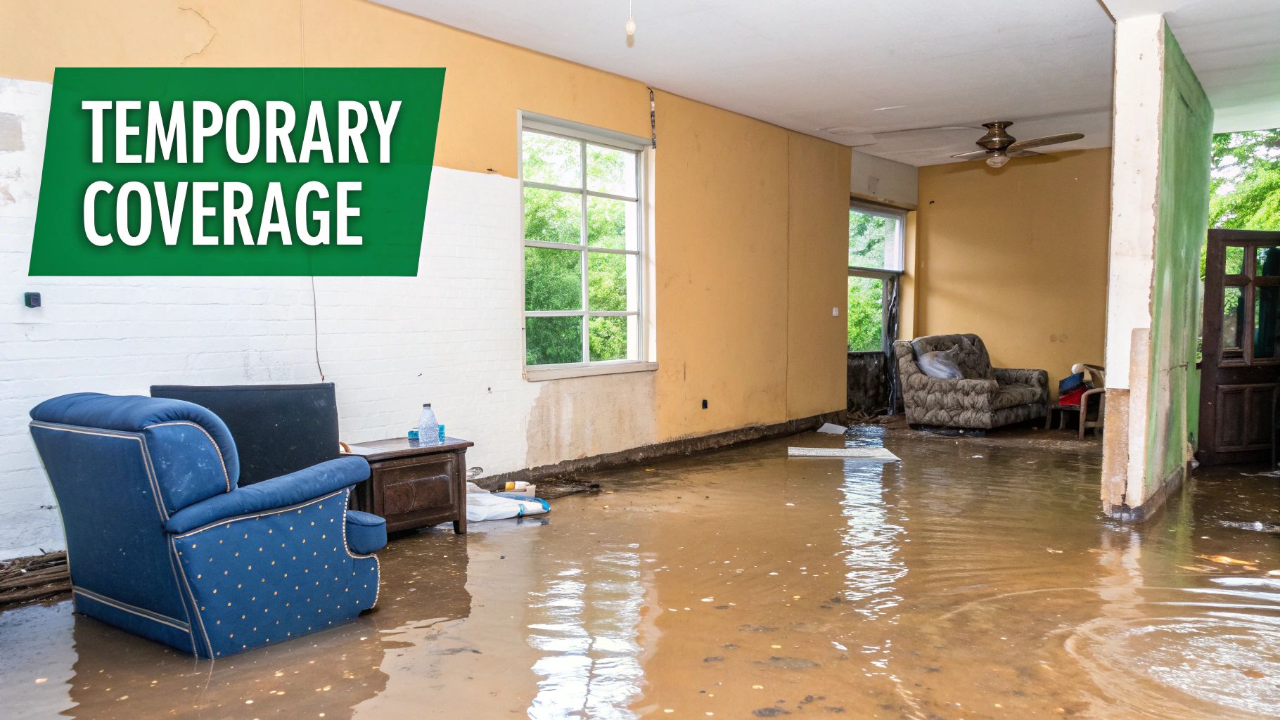 A family looking at their home from the outside after a disaster, with a sense of hope.