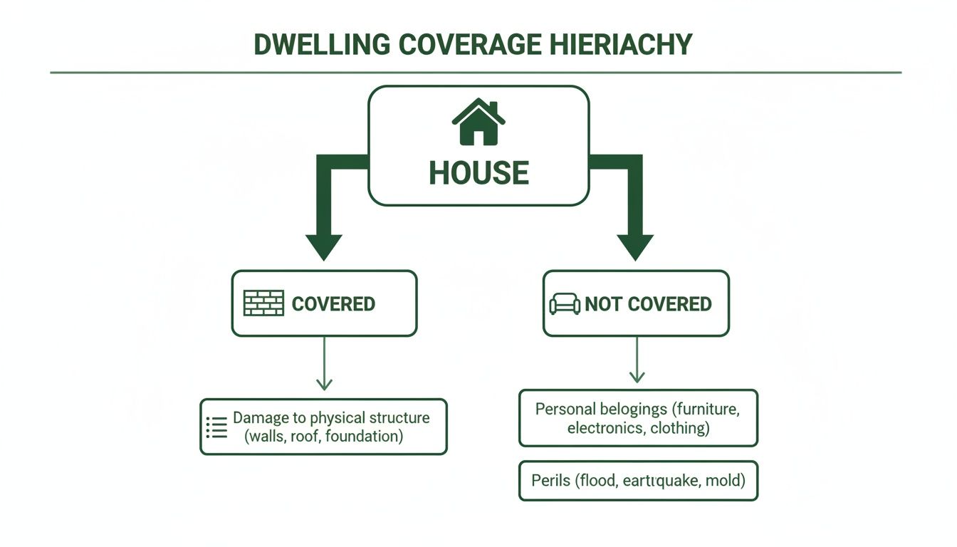 Flowchart illustrating dwelling coverage hierarchy for a house, detailing covered structural damage and excluded personal belongings and perils.