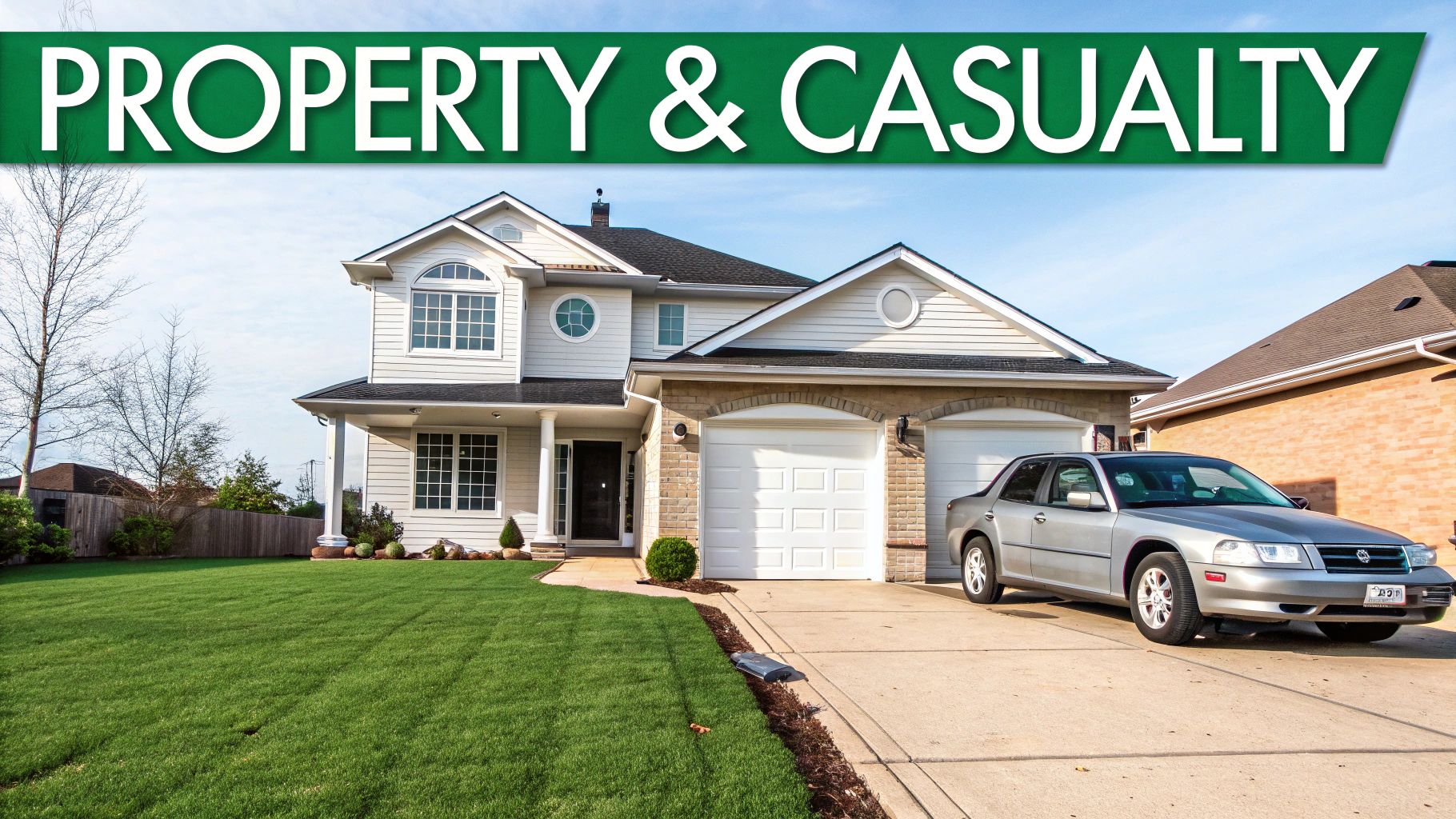 A large suburban house with a green lawn and a silver car, featuring a 'PROPERTY & CASUALTY' banner.