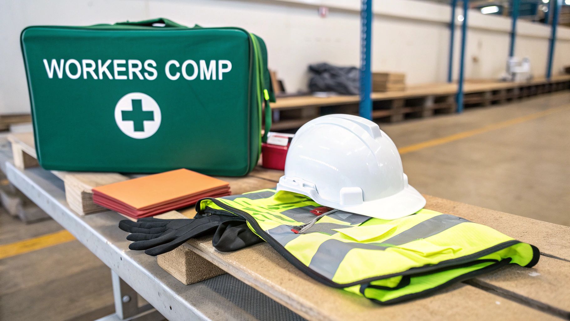 A green workers' comp first aid kit, hard hat, safety vest, and gloves on a wooden surface in a warehouse setting.