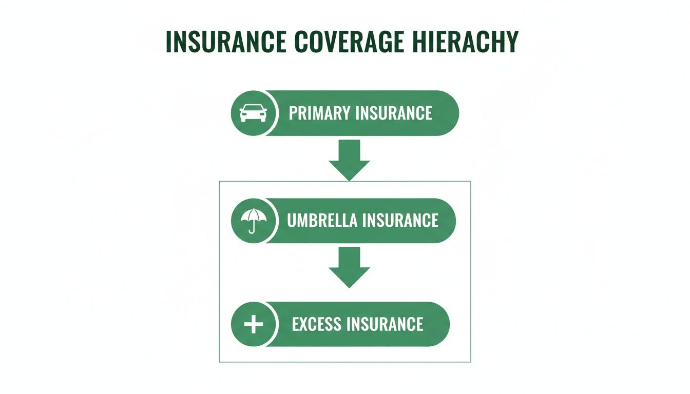 Diagram detailing the three-tier insurance coverage hierarchy: primary, umbrella, and excess insurance policies.