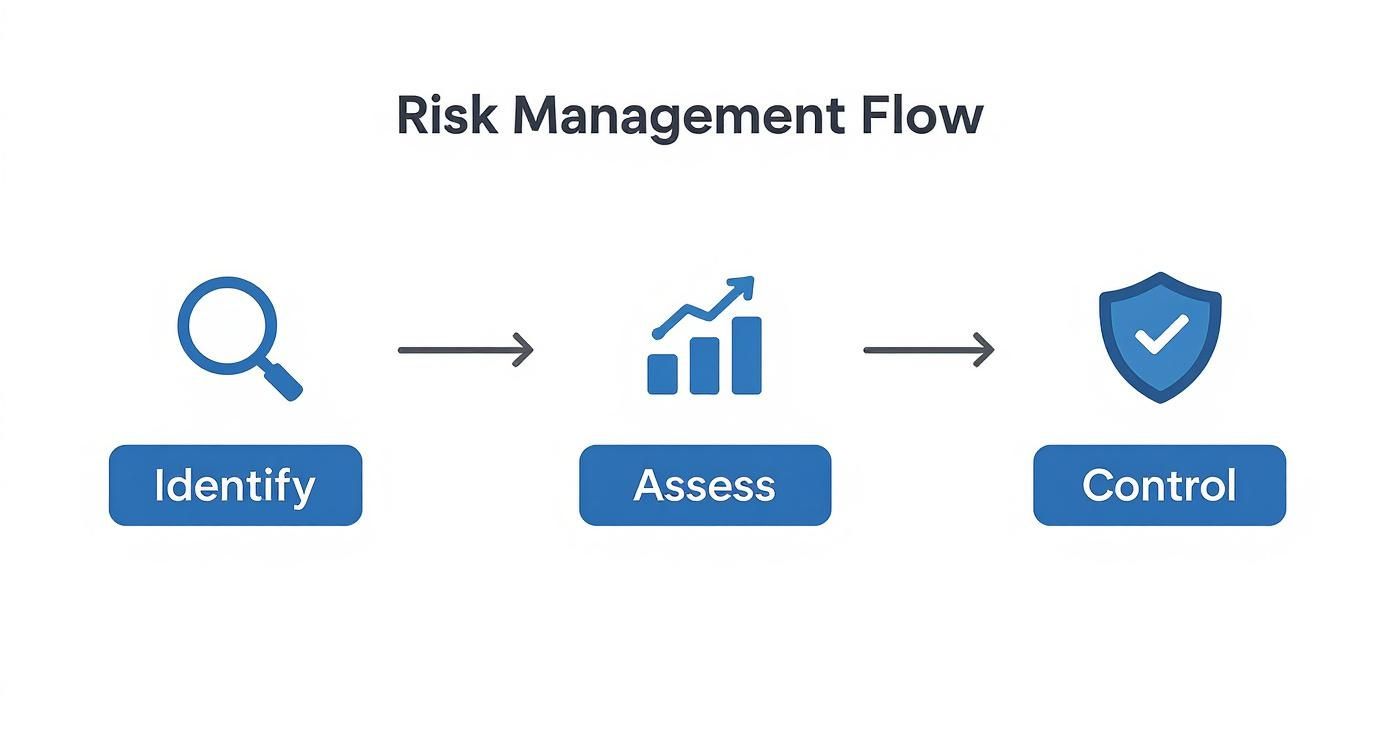 Risk management flow diagram showing three sequential steps: identify, assess, and control with icons
