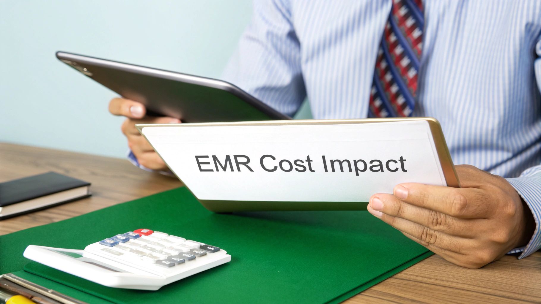 A person holds a folder reading "EMR Cost Impact" and a tablet, with a calculator on the desk.