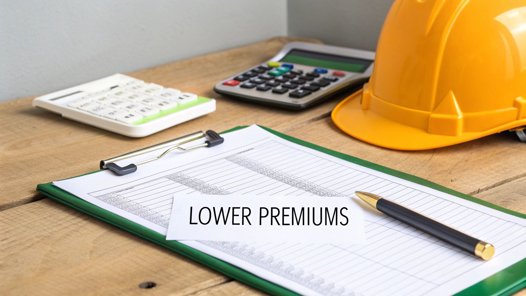 A construction hard hat, calculators, and a clipboard with 'LOWER PREMIUMS' written on a paper, symbolizing reduced business insurance costs.
