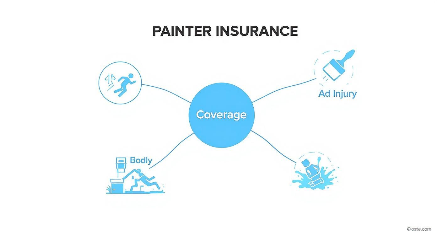 A diagram illustrating painter insurance coverage, including bodily injury, ad injury, and other liabilities.