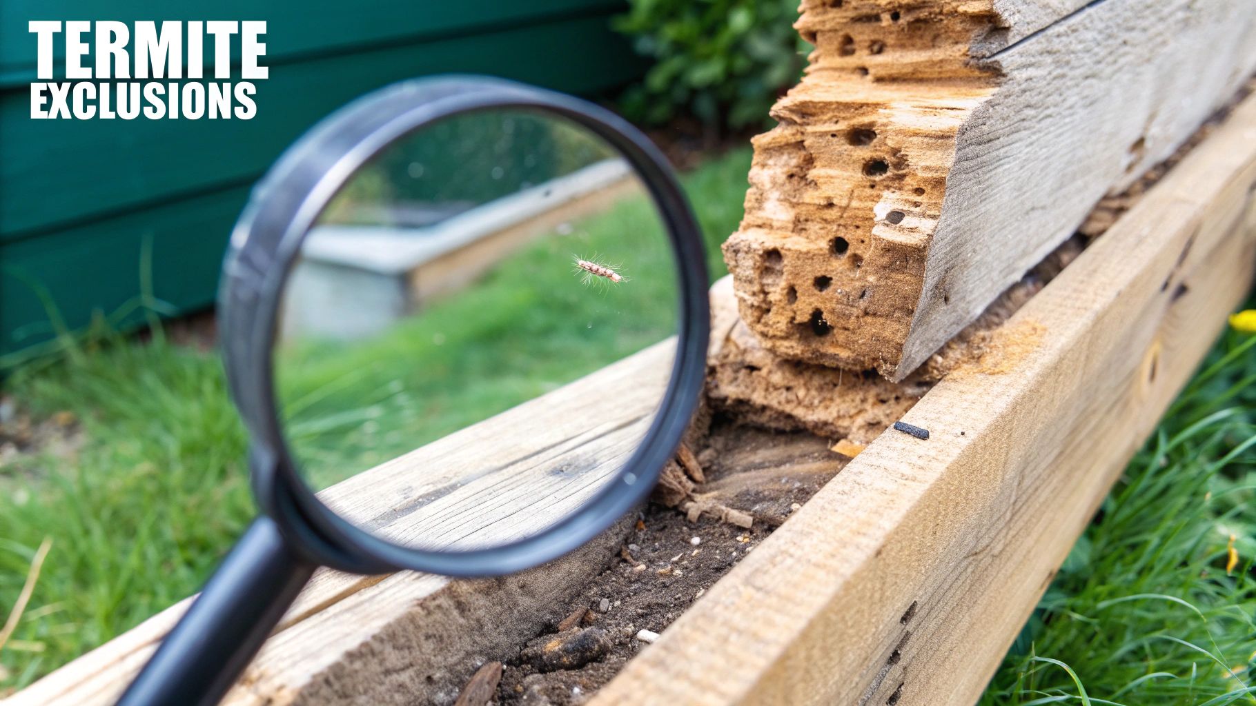 Magnifying glass closely inspecting a small crack in a wooden beam