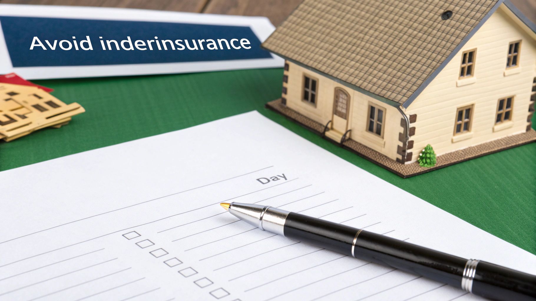 A miniature house, a pen on a checklist, and a tablet showing 'Avoid underinsurance' on a green surface.