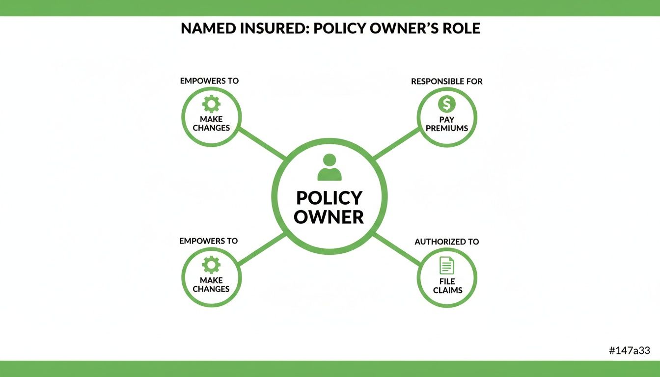 Diagram detailing the responsibilities and powers of an insurance policy owner, including managing changes, paying premiums, and filing claims.