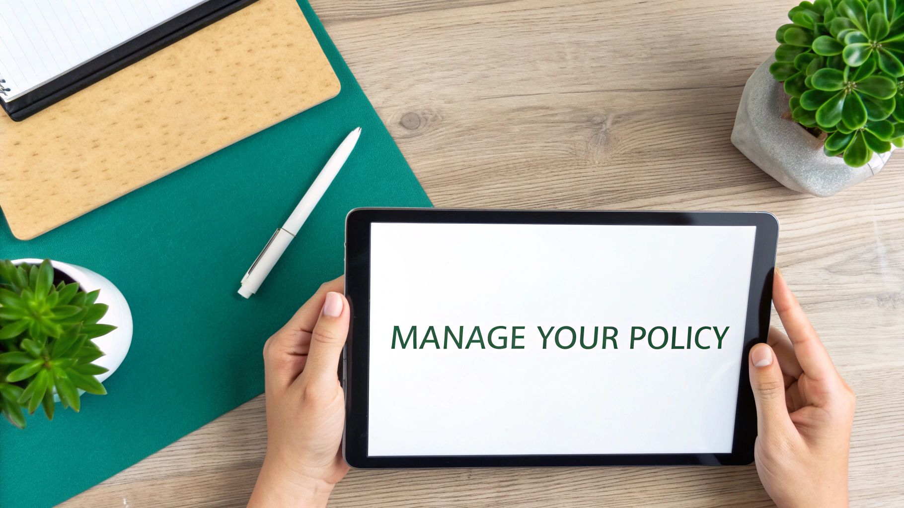 Overhead shot of hands holding a tablet displaying 'MANAGE YOUR POLICY' on a wooden desk with office items.