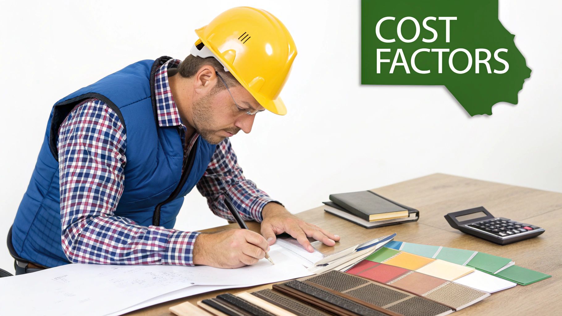 A construction worker in a hard hat estimates costs, surrounded by material samples, plans, and a calculator.