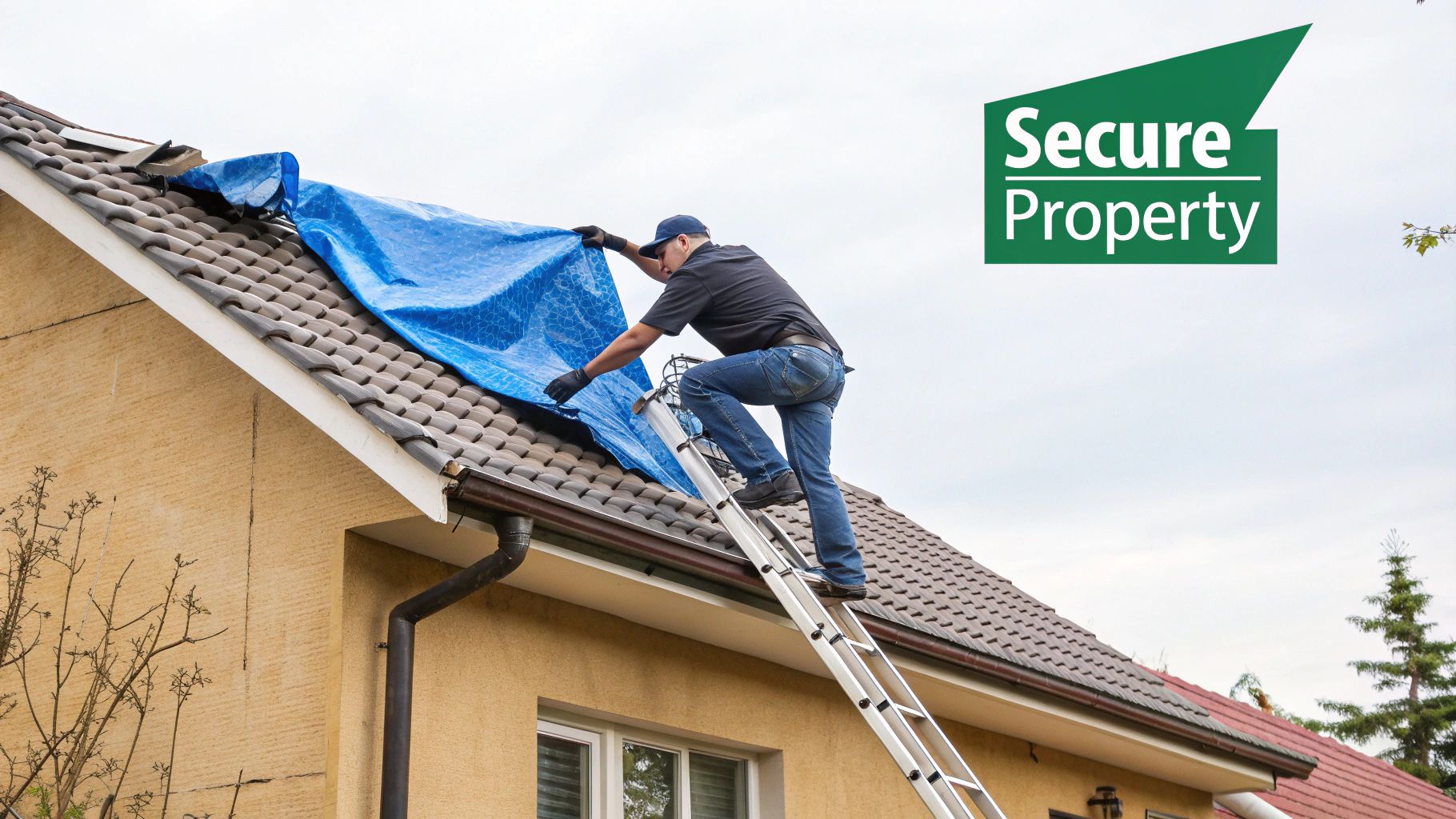 A person on a ladder covering a damaged house roof with a blue tarp.