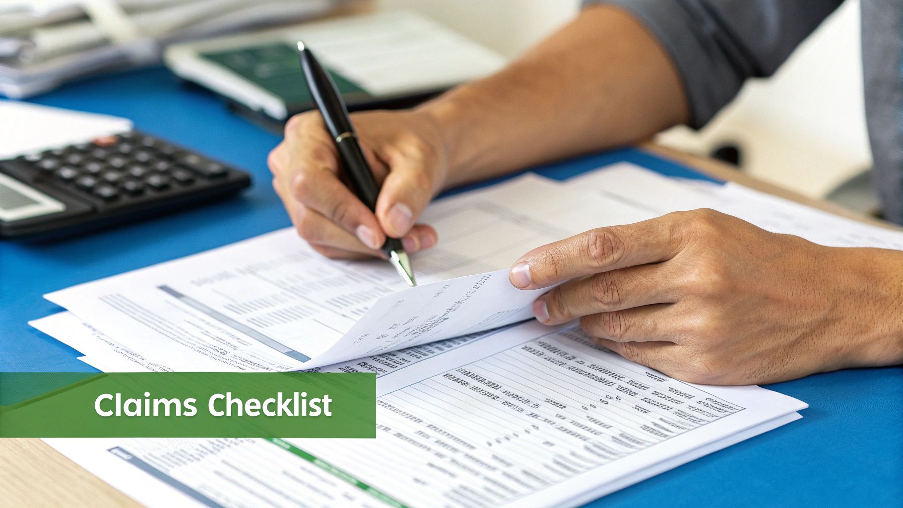 Hands writing on a document with a pen, reviewing a claims checklist on a blue desk.