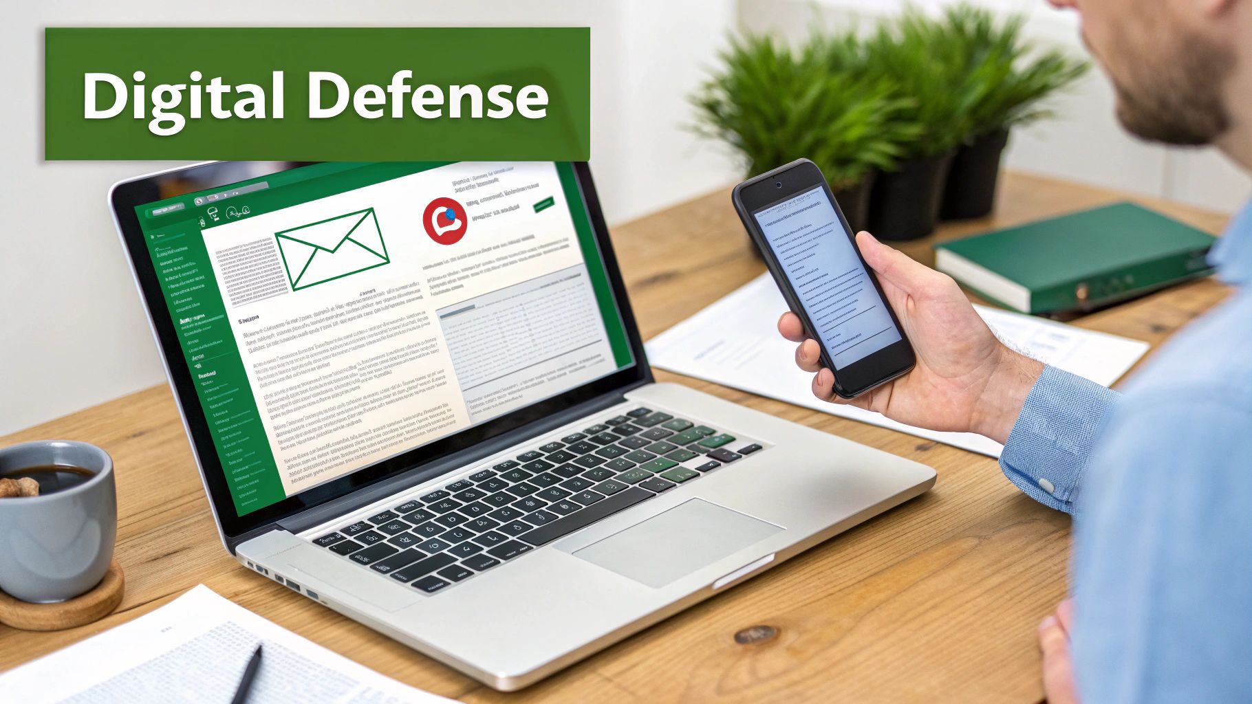 Man reviewing cybersecurity on a laptop and smartphone with a 'Digital Defense' banner.