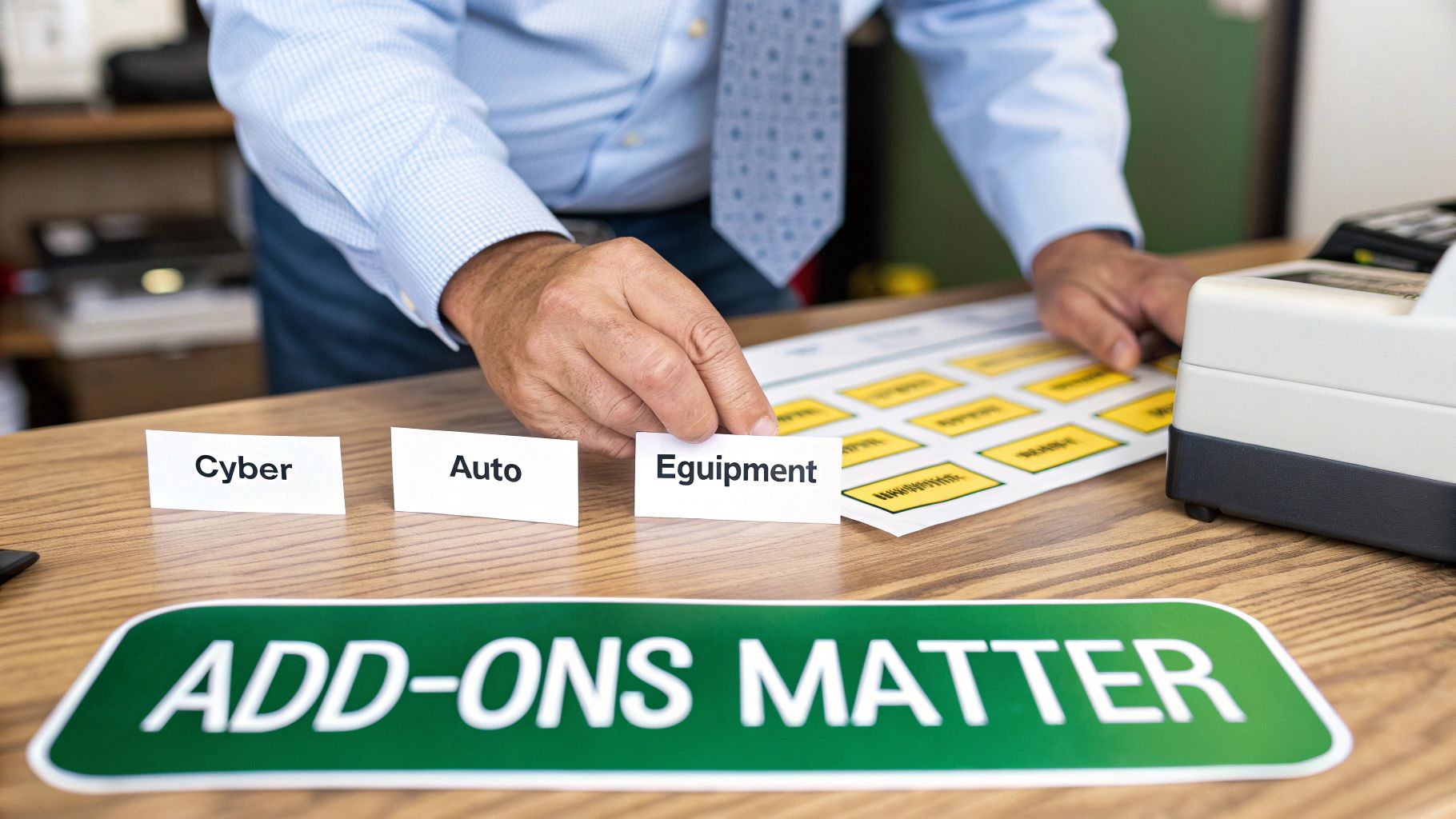 A person arranges white cards labeled 'Cyber', 'Auto', 'Equipment' on a table, next to an 'ADD-ONS MATTER' sign.