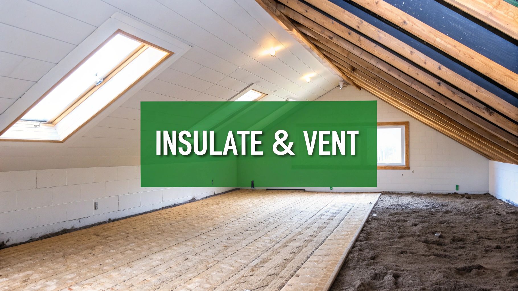 An attic under renovation, with insulation on the floor, exposed beams, skylights, and a text overlay 'INSULATE & VENT'.