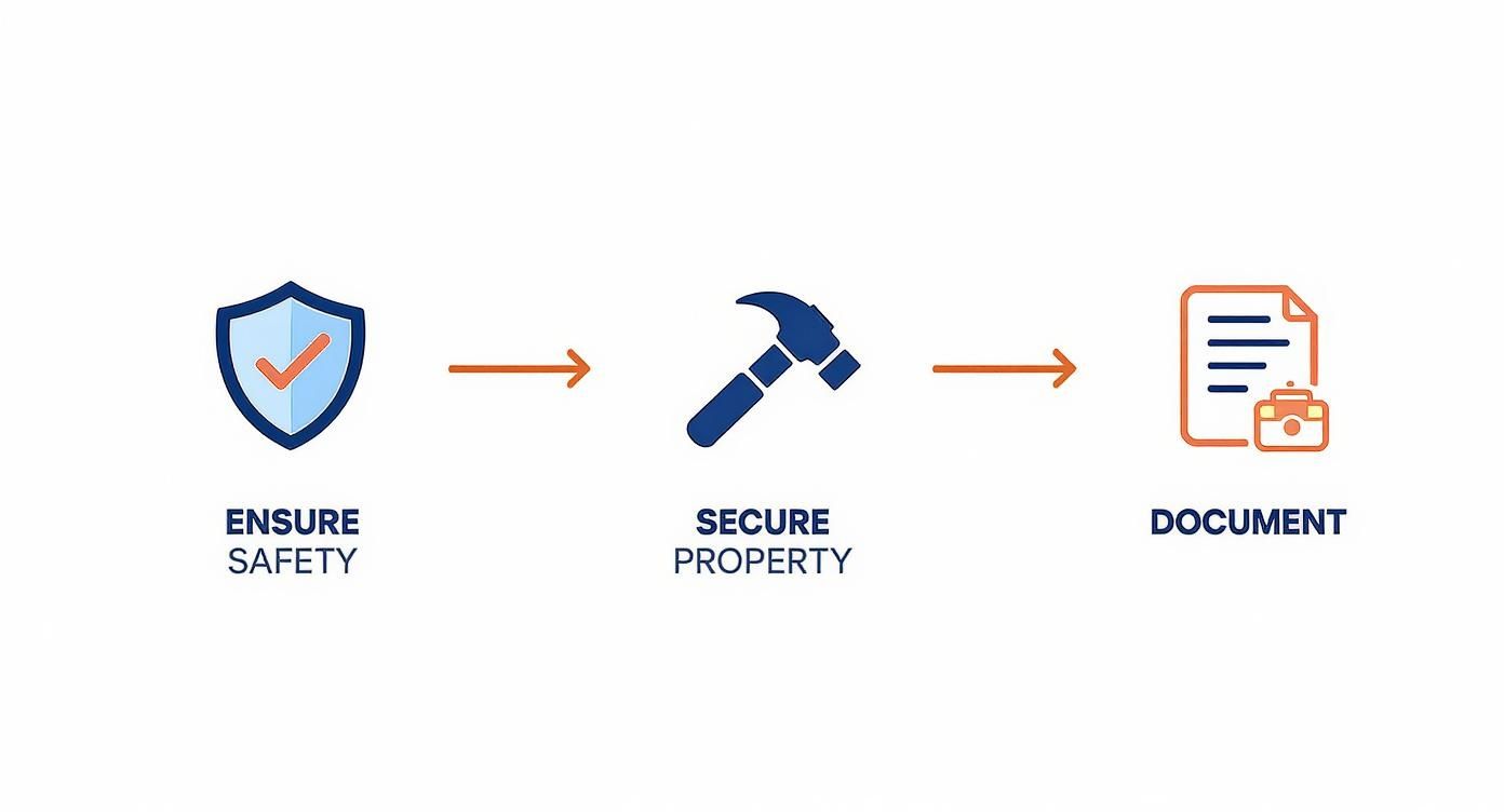A graphic outlining three steps: ensure safety with a shield, secure property with a hammer, and document files.