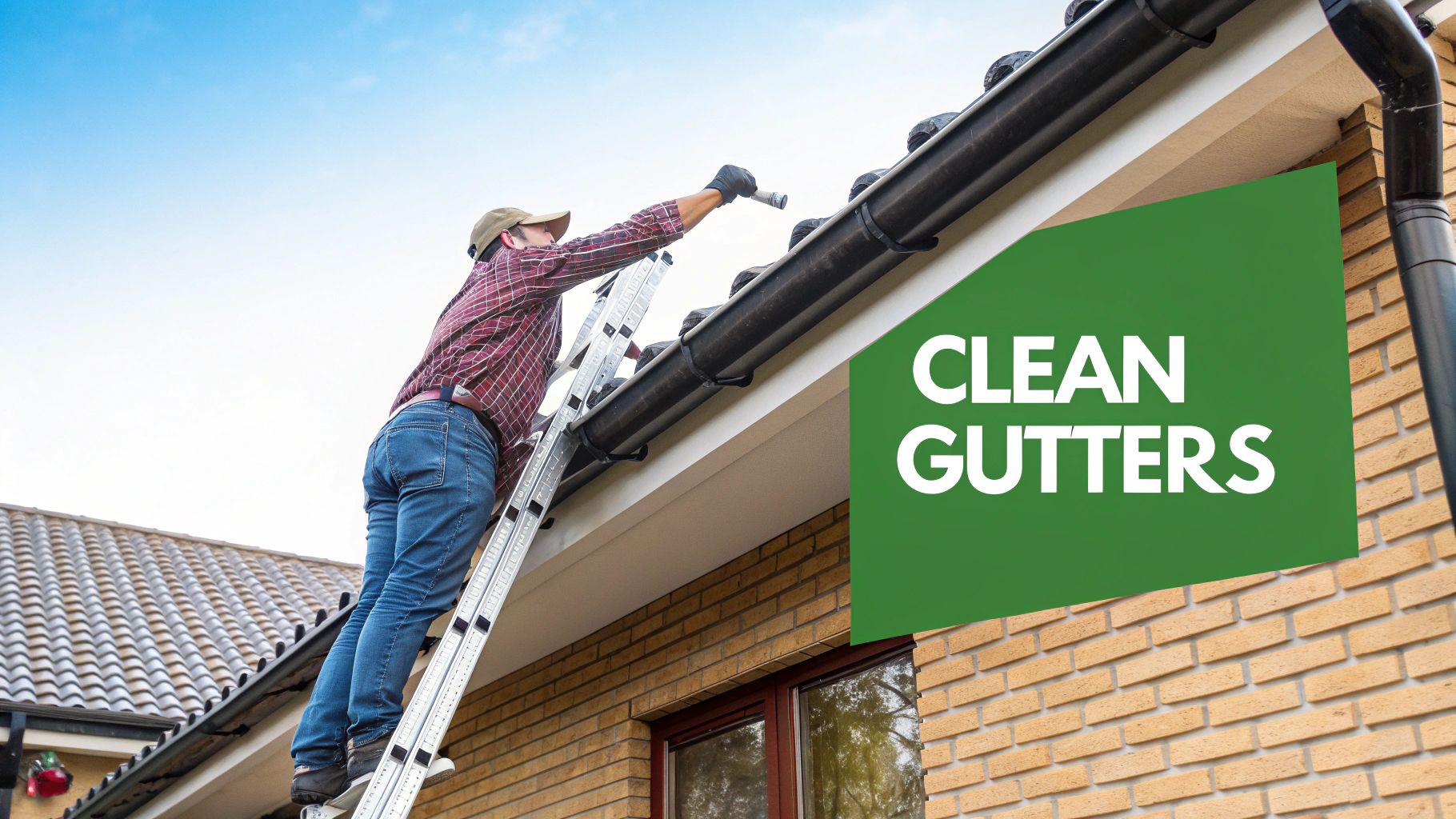 A person on a ladder cleaning black gutters of a brick house under a blue sky.