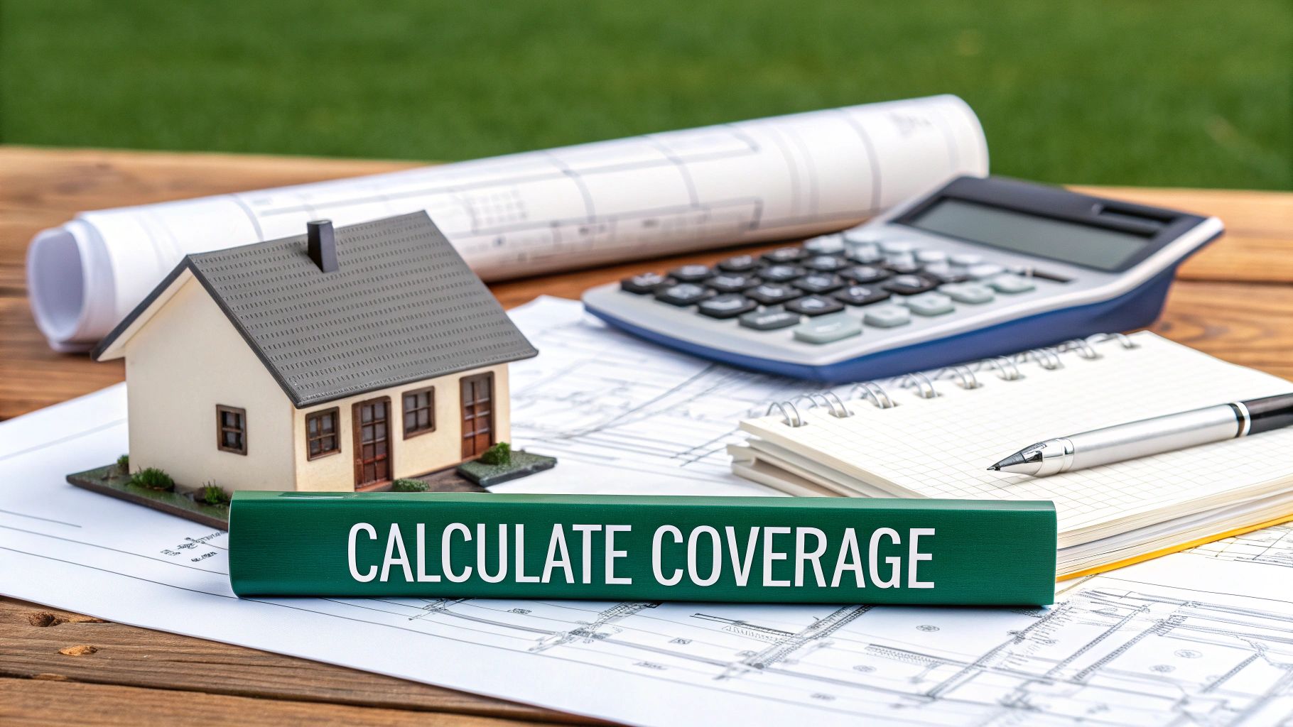 A miniature house model, calculator, blueprints, and a sign 'CALCULATE COVERAGE' on a wooden desk.