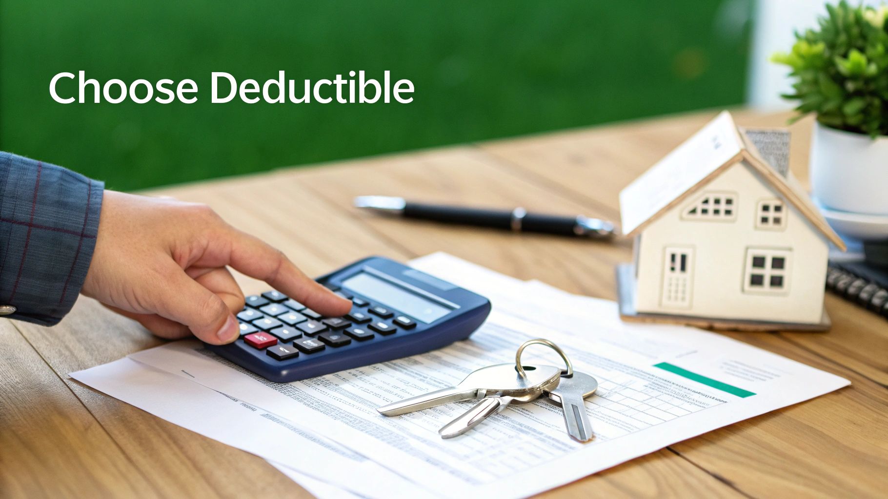 A hand calculates on a desk with a house model, keys, and documents about choosing a deductible.