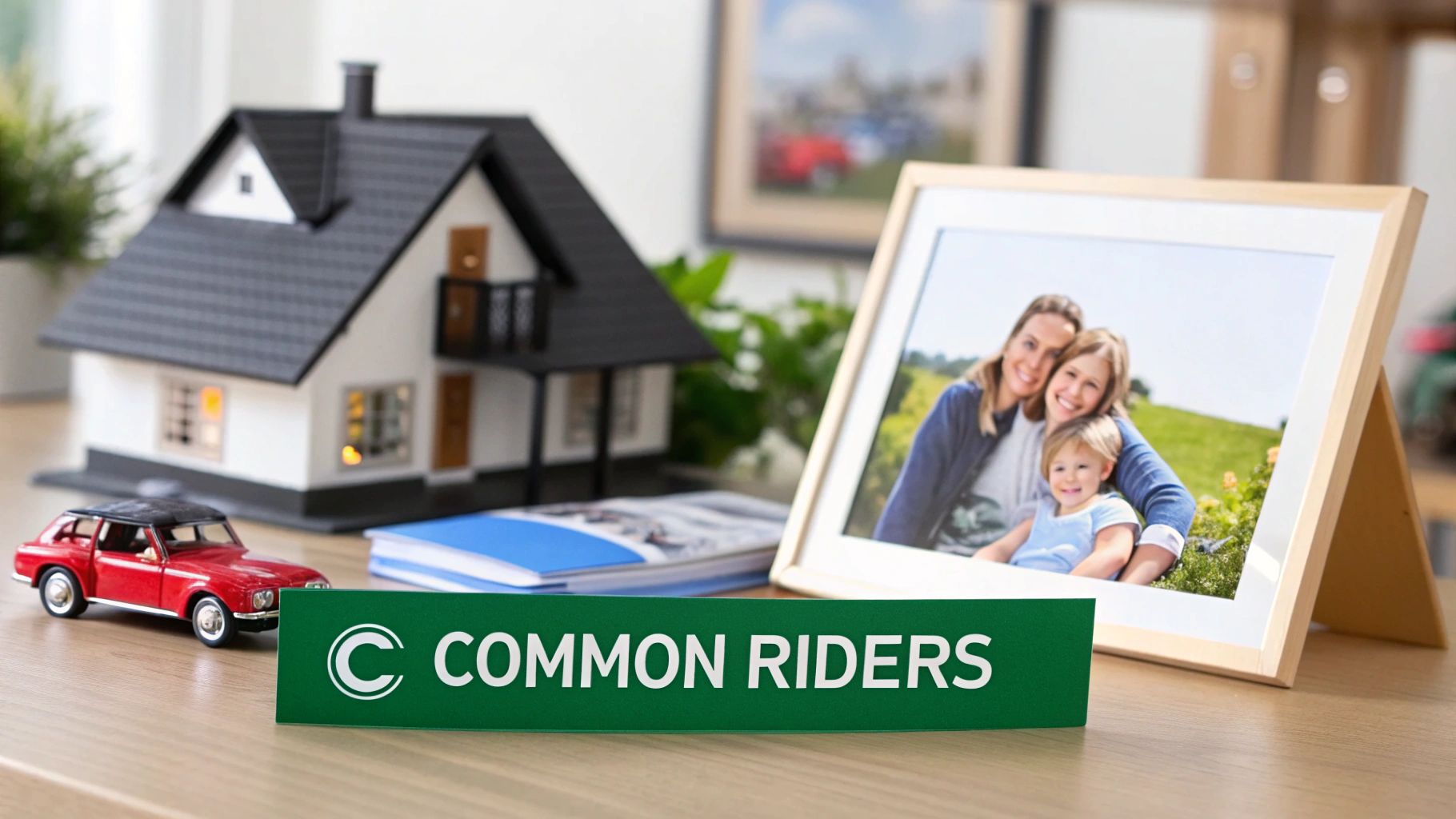 A miniature house, toy car, and family photo on a desk, next to a 'COMMON RIDERS' sign.