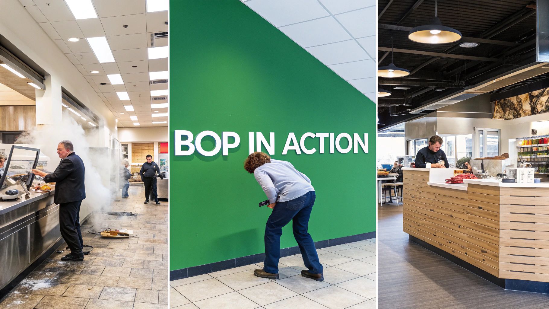 Three panels depicting a chaotic commercial kitchen incident, a 'BOP IN ACTION' sign, and a clean cafe.