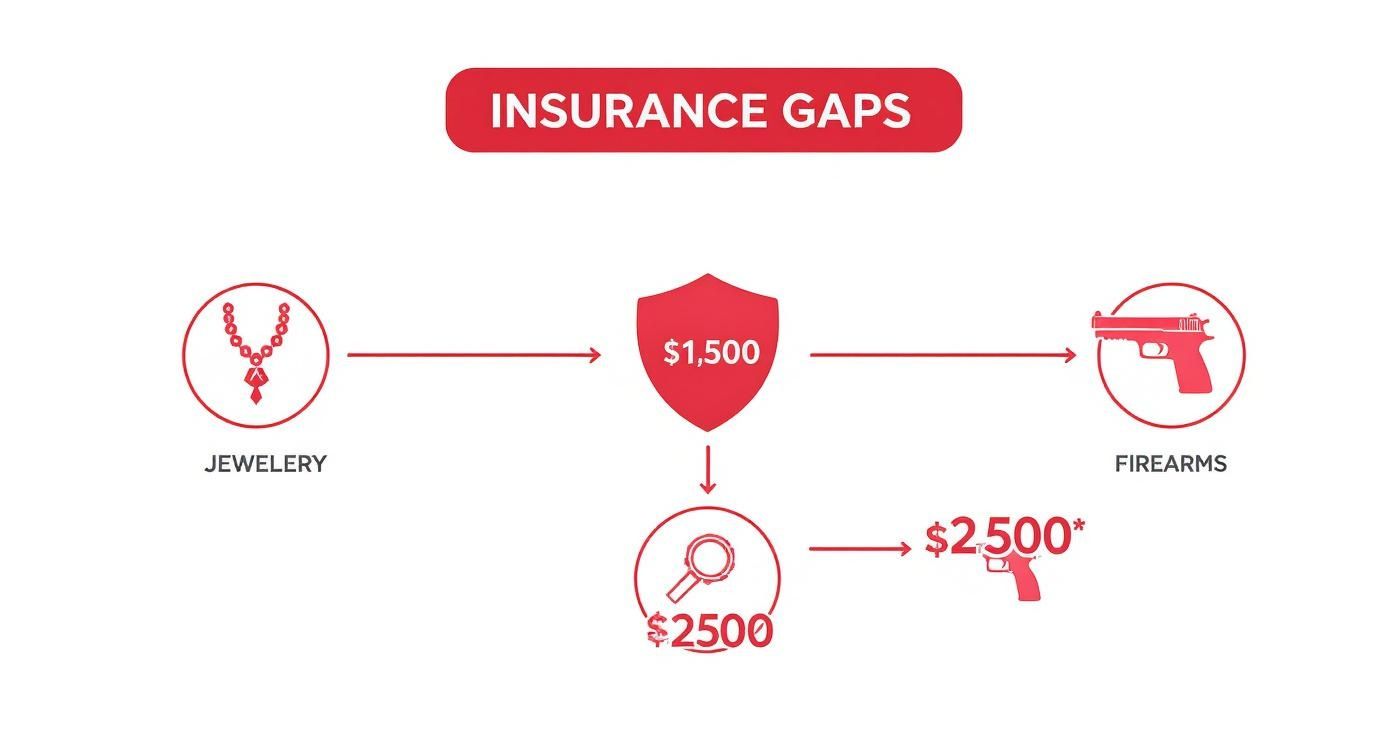 Infographic showing insurance gaps for valuables like jewelry, art, and firearms under standard policies.