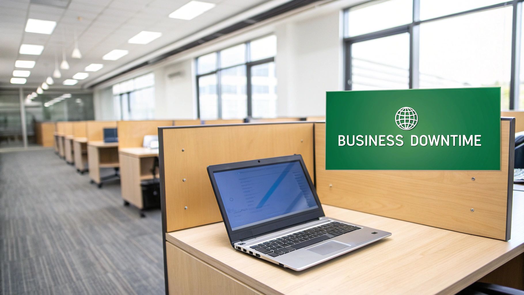 An empty office workspace with cubicles and a laptop on a desk, featuring a 'BUSINESS DOWNTIME' sign.