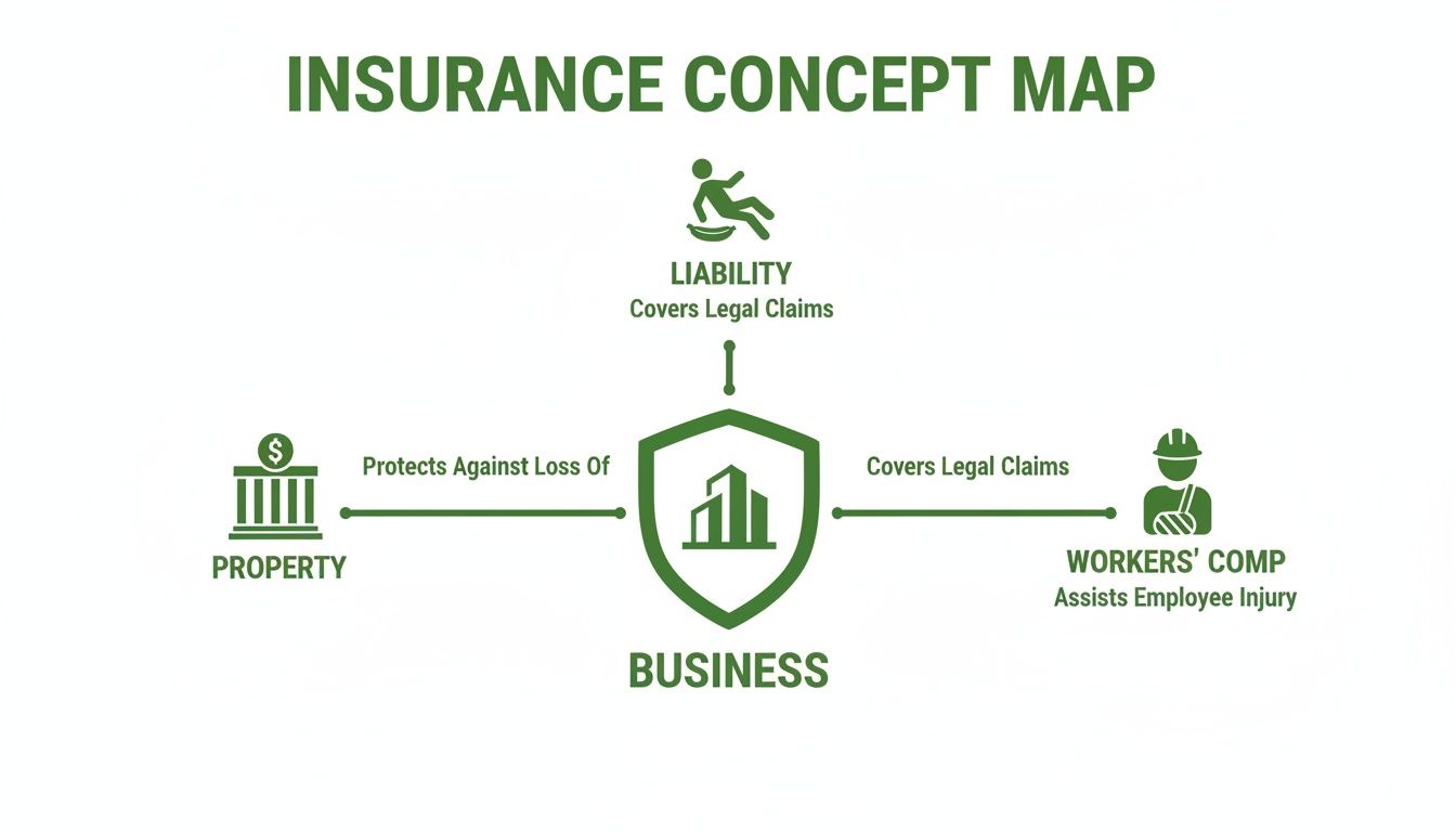 A concept map illustrating different types of business insurance: Property, Liability, and Workers' Compensation.