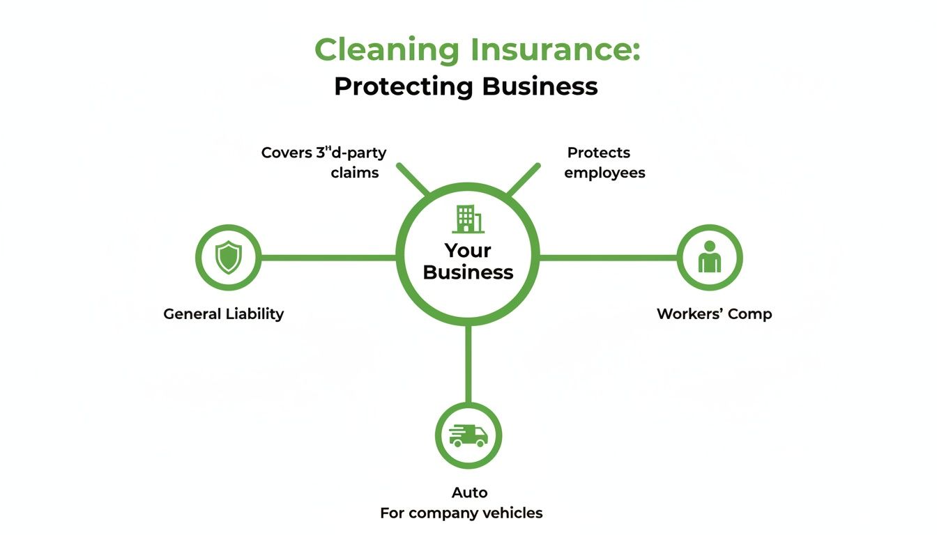 A diagram illustrates essential cleaning business insurance types: General Liability, Workers' Comp, and Auto for company vehicles.