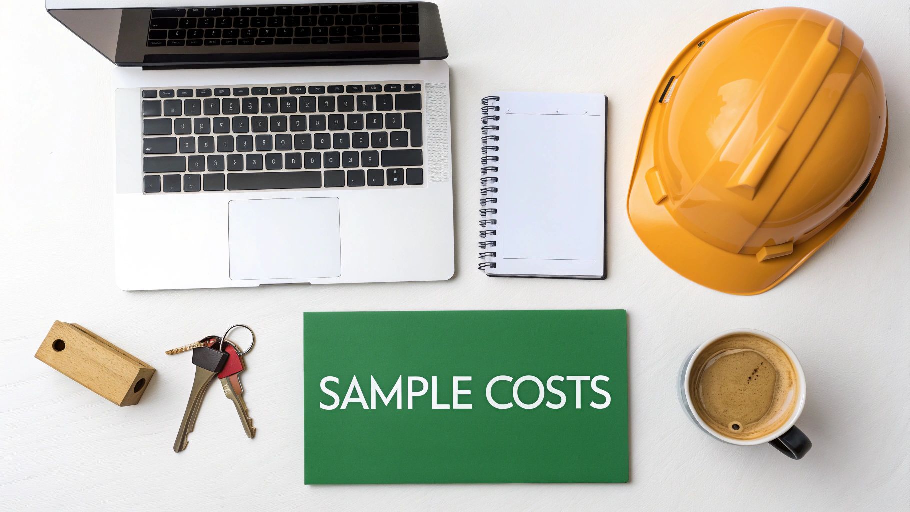 Flat lay of construction planning desk with laptop, hard hat, keys, coffee, and a 'SAMPLE COSTS' folder.