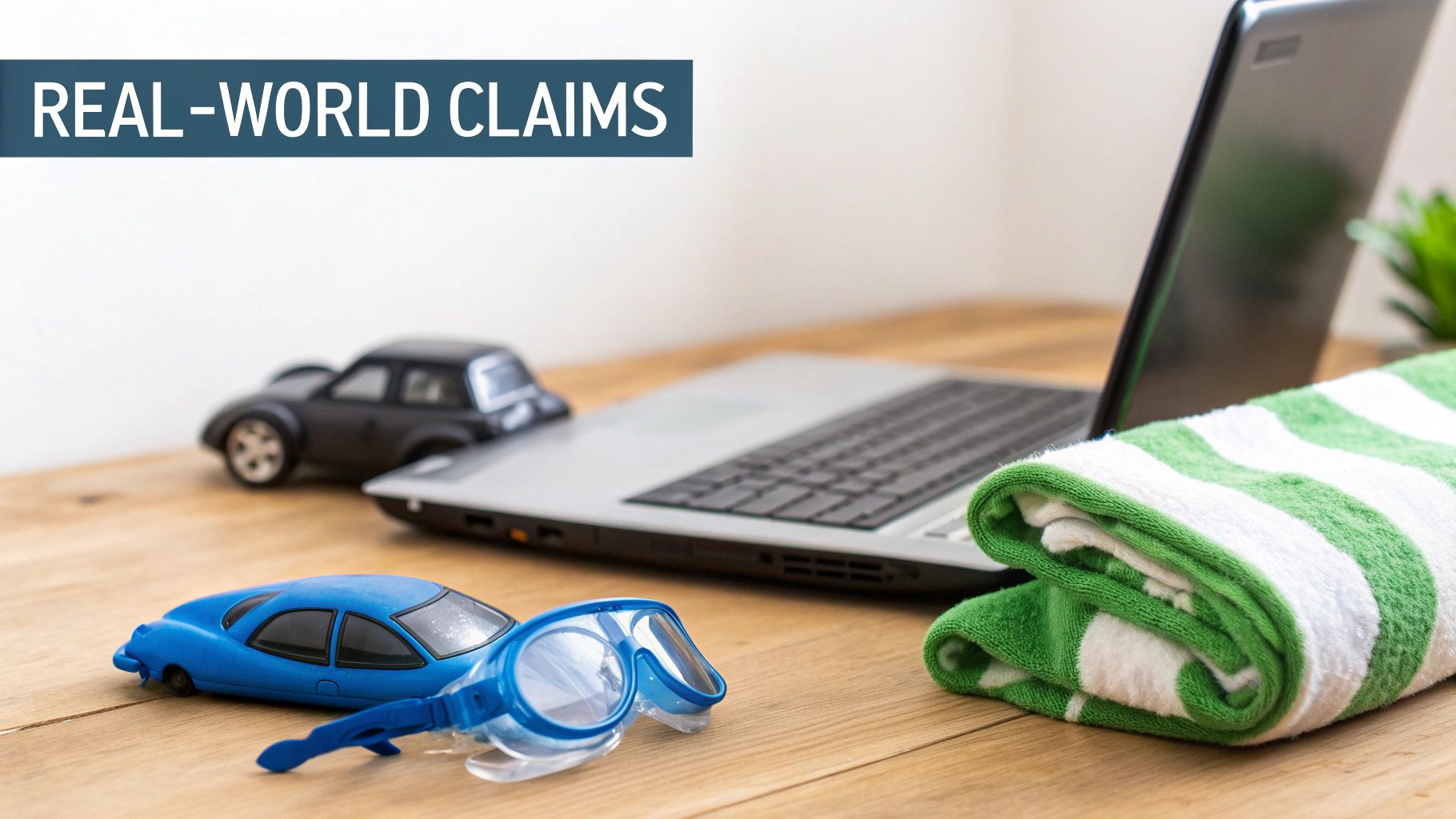 A laptop, two toy cars, swim goggles, and a striped towel on a desk, symbolizing real-world claims.