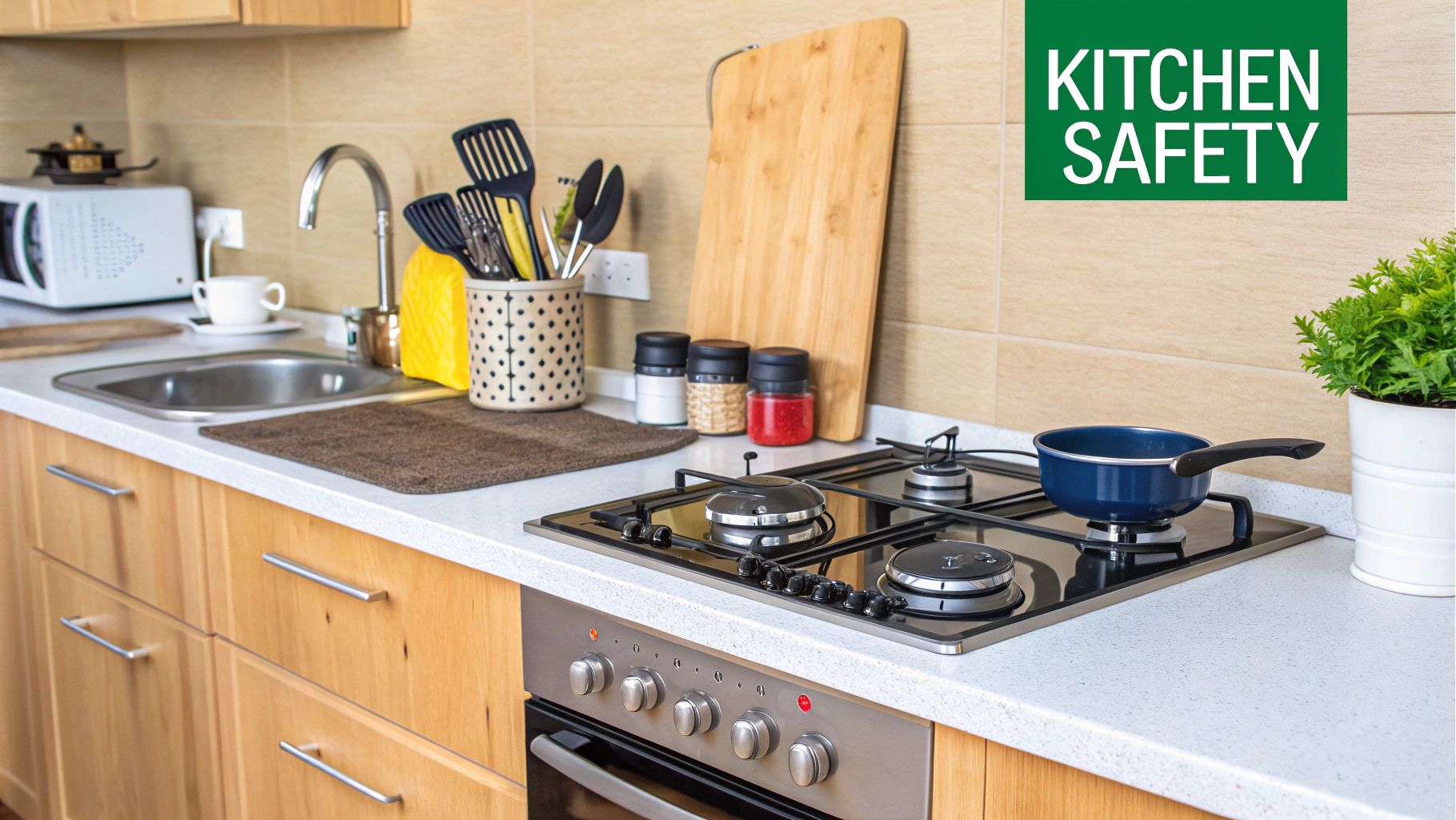 Kitchen with a stovetop and cooking utensils, emphasizing a clean and safe cooking area.