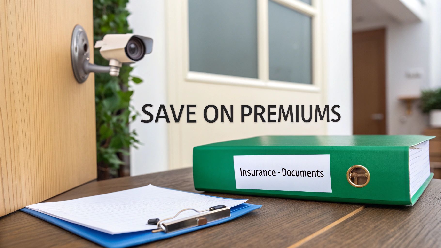 A security camera mounted on a door, a green binder labeled 'Insurance - Documents', a clipboard, and text 'SAVE ON PREMIUMS'.