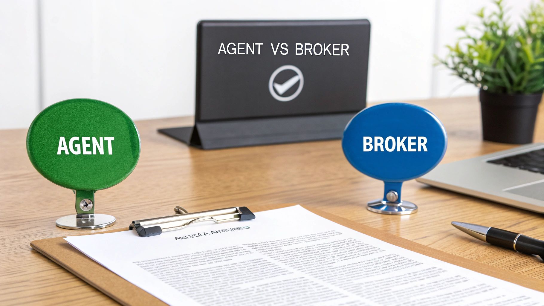 A man and woman discussing insurance papers at a modern desk.