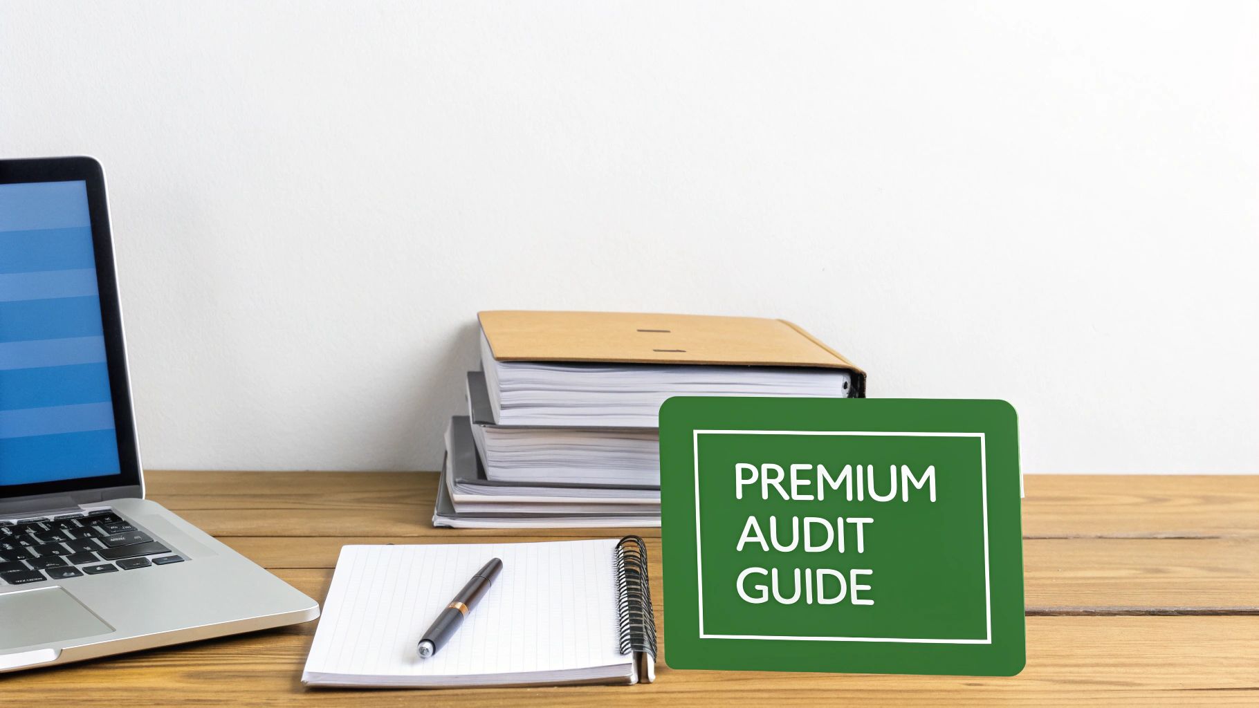 A desk with a laptop, notebook, pen, folders, and a 'PREMIUM AUDIT GUIDE' sign.
