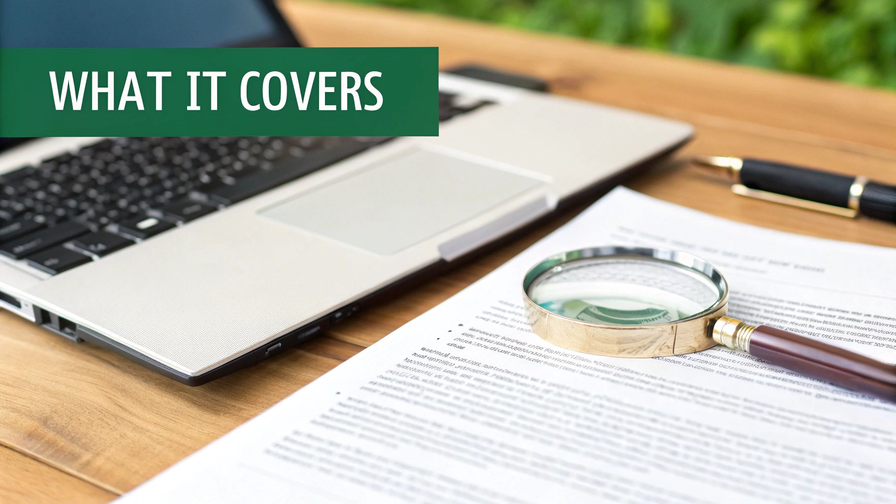 A laptop, document, magnifying glass, and pen on a wooden desk with a 'WHAT IT COVERS' banner.