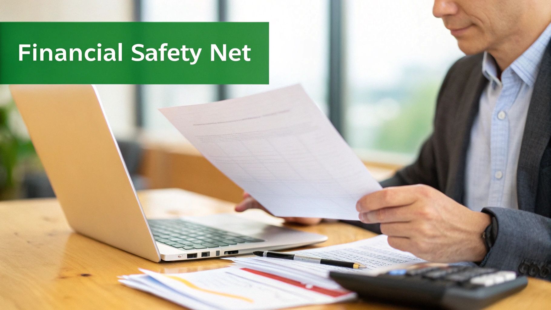 A businesswoman reviewing an insurance policy at her desk