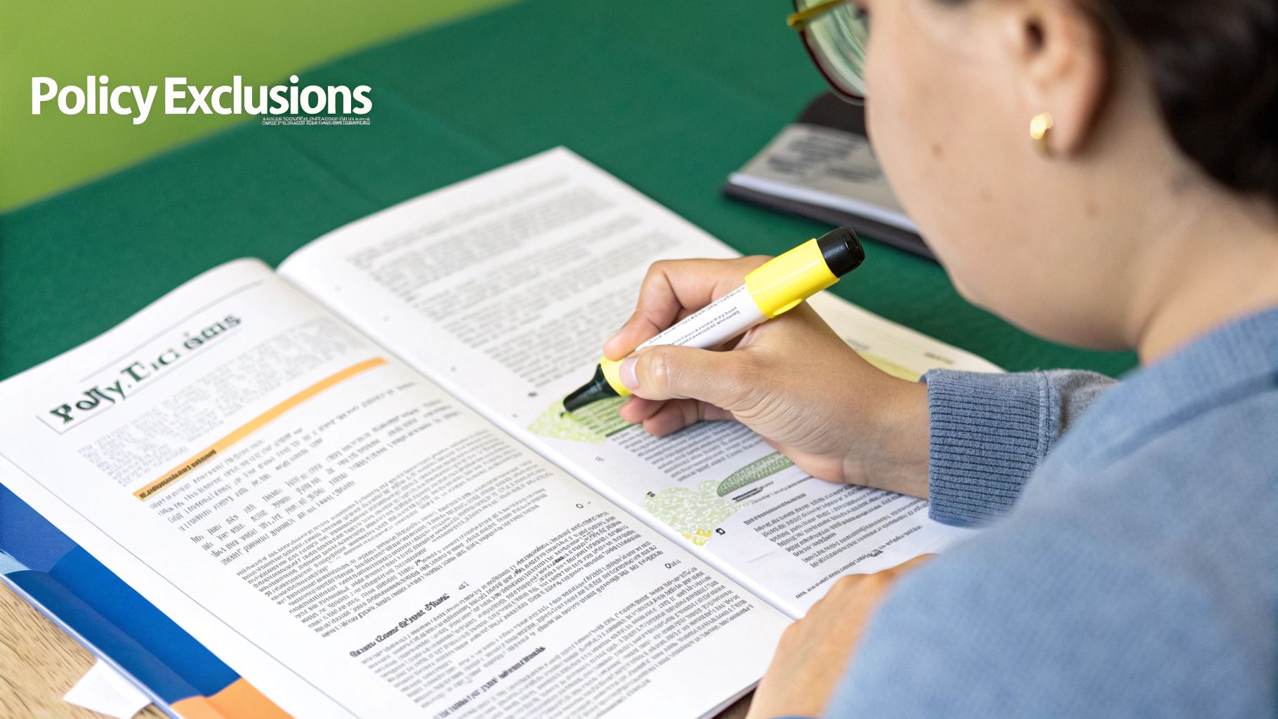 Image of an insurance policy document with a magnifying glass highlighting the exclusions section.