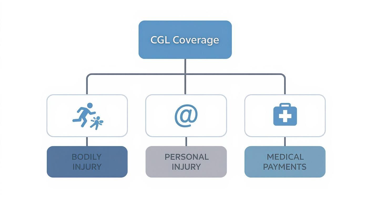 A diagram outlining CGL Coverage, showing its three main components: Bodily Injury, Personal Injury, and Medical Payments.